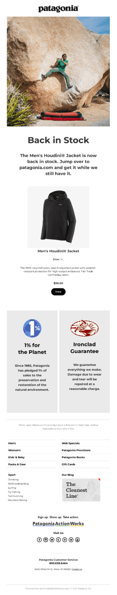 przykładowy e-mail promocyjny od Patagonia promotional email example by Patagonia