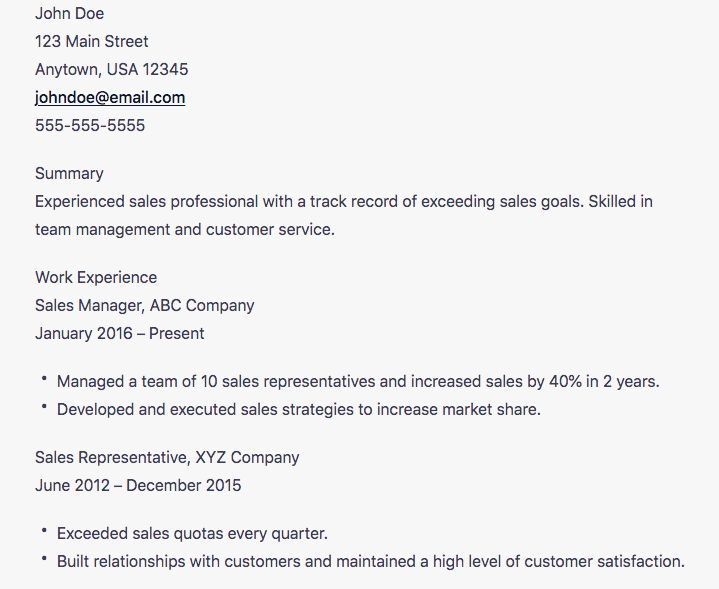 按時間順序排列的簡歷示例