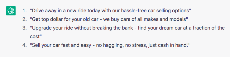 ChatGPT Prompt 的屏幕截圖 - “為買賣汽車的企業準備 4 個廣告標題。”
