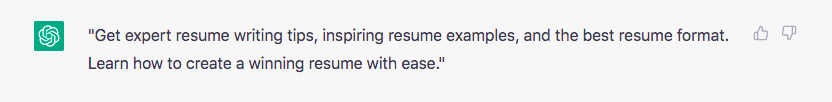 ChatGPT 的屏幕截圖 為文章“如何像專業人士一樣編寫簡歷 - 示例 + 免費模板”準備一個描述標籤。