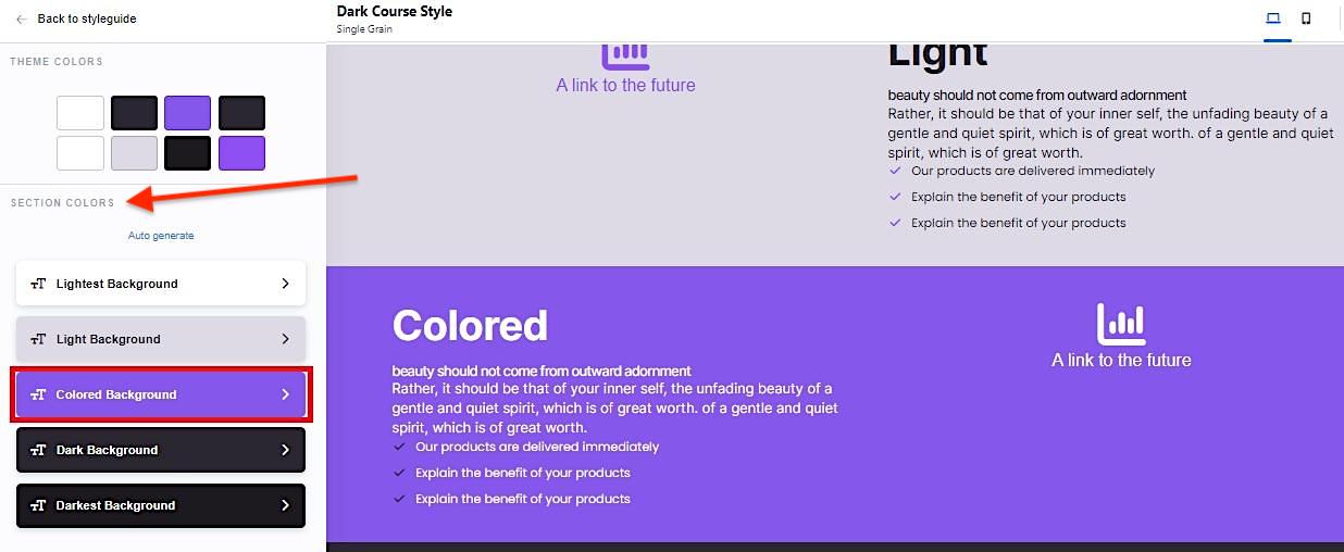 Снимок экрана: меню цветов раздела ClickFunnels