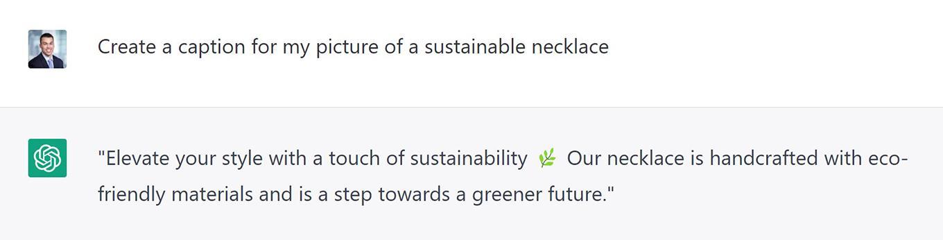 Sürdürülebilir bir kolye resmim için ChatGPT'nin yanıtıyla birlikte bir başlık oluşturun