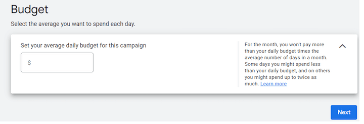 Google Ads legt das durchschnittliche Tagesbudget fest