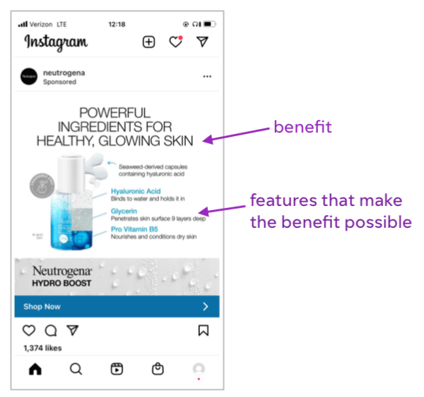 exemplos de cópia de anúncio - anúncio do instagram com cópia de benefício de recurso