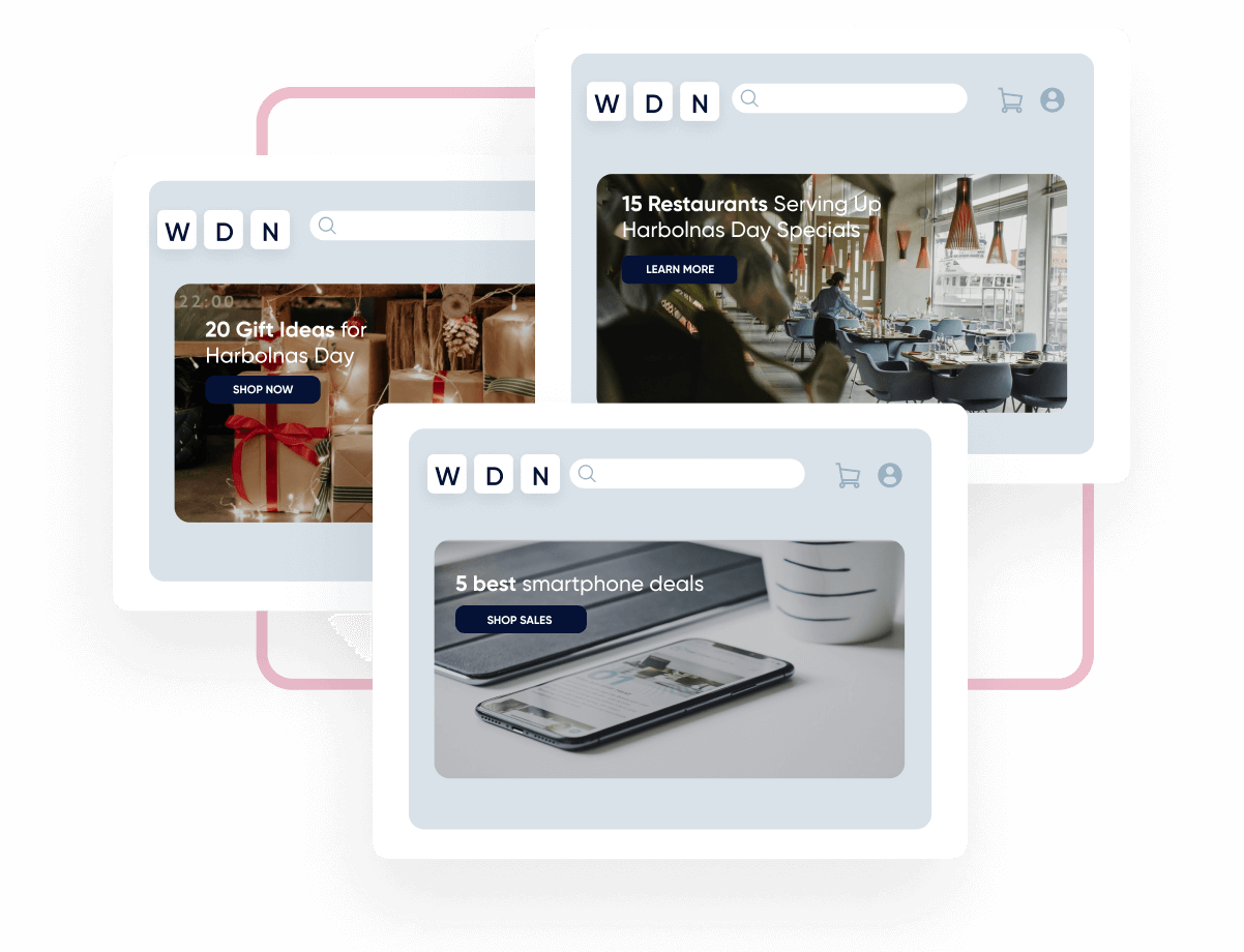 橫幅管理使企業能夠定制橫幅等現場元素以匹配用戶的興趣在這個例子中你看到有人對 Harbolnas 的禮物感興趣，另一個對食物感興趣，最後一個對智能手機交易感興趣