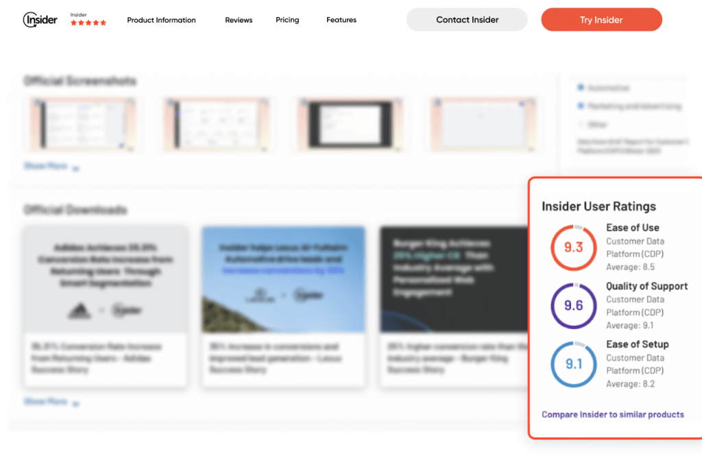 Insider G2 점수 사용 편의성 지원 품질 설정 용이성