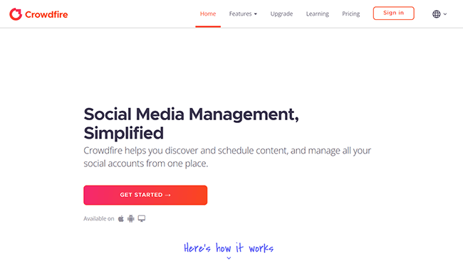 Page d'accueil de Crowdfire