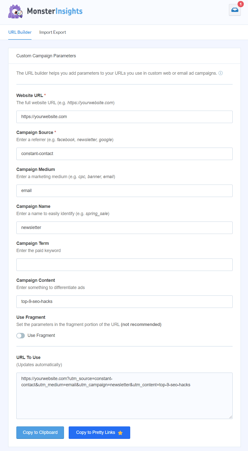 MonsterInsights 网址生成器