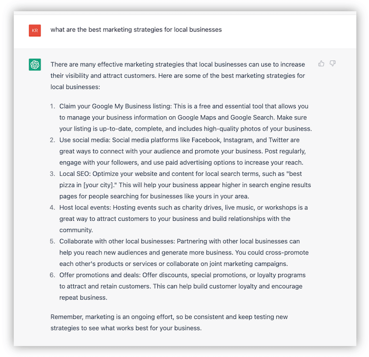 czat gpt - odpowiedz na pytanie o najlepsze strategie marketingowe dla lokalnych firm