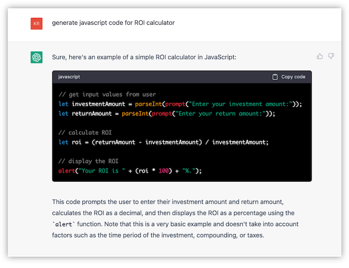 jak używać chatgpt do marketingu małych firm - odpowiedz na monit o utworzenie javascript dla kalkulatora ROI