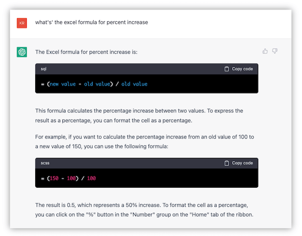 monit z pytaniem chatgpt o formułę procentowego wzrostu w programie Excel