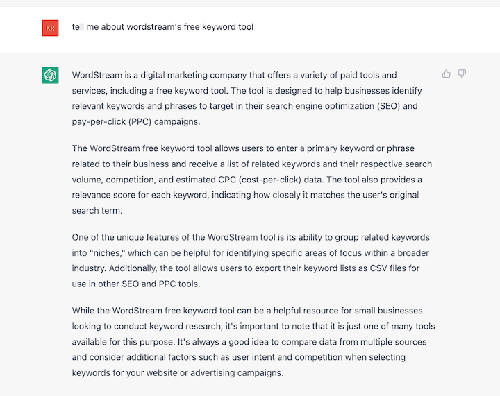 odpowiedź chatgpt na monit o bezpłatne narzędzie słów kluczowych wordstream