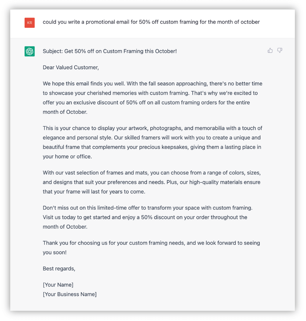 jak używać chatgpt do marketingu małych firm — odpowiedz na monit o e-mail promocyjny