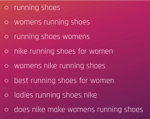 Liste mit Schlüsselwörtern zu Laufschuhen für Damen
