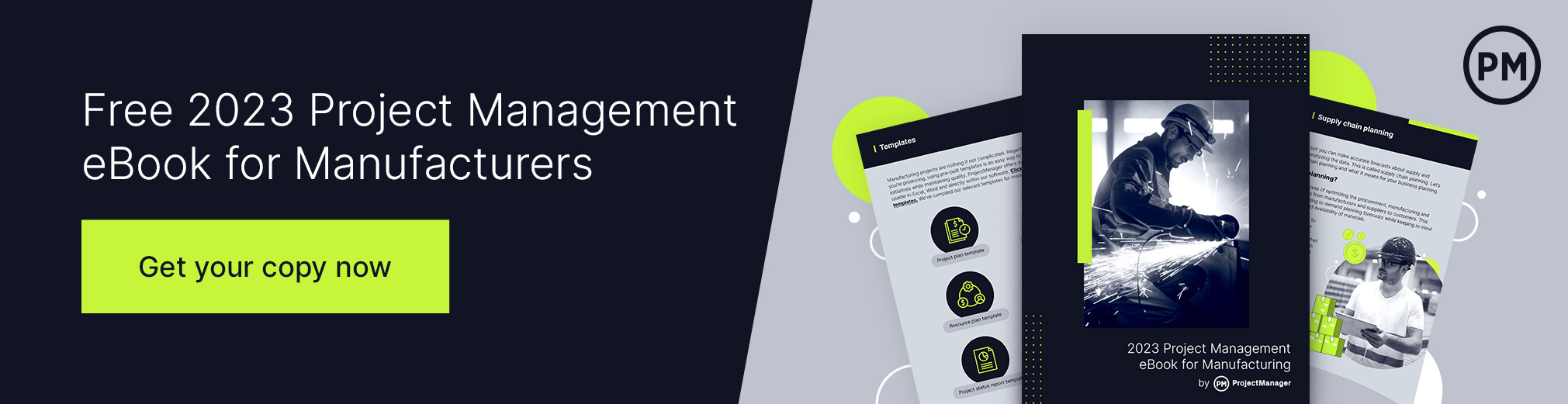 Zrzut ekranu wbudowanej reklamy banerowej ebooka produkcyjnego autorstwa ProjectManager