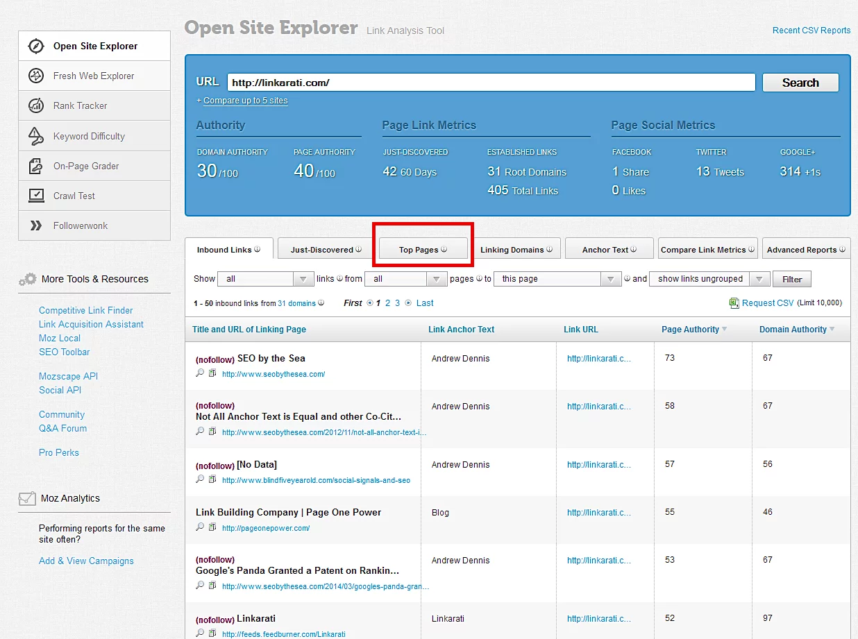 Die Link-Explorer-Seite von Moz