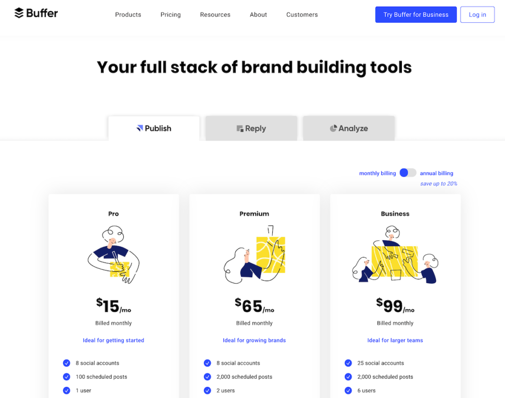 Página de producto de búfer con tres fichas de producto.