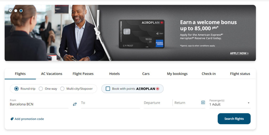 Navegación con pestañas en el sitio web de una aerolínea