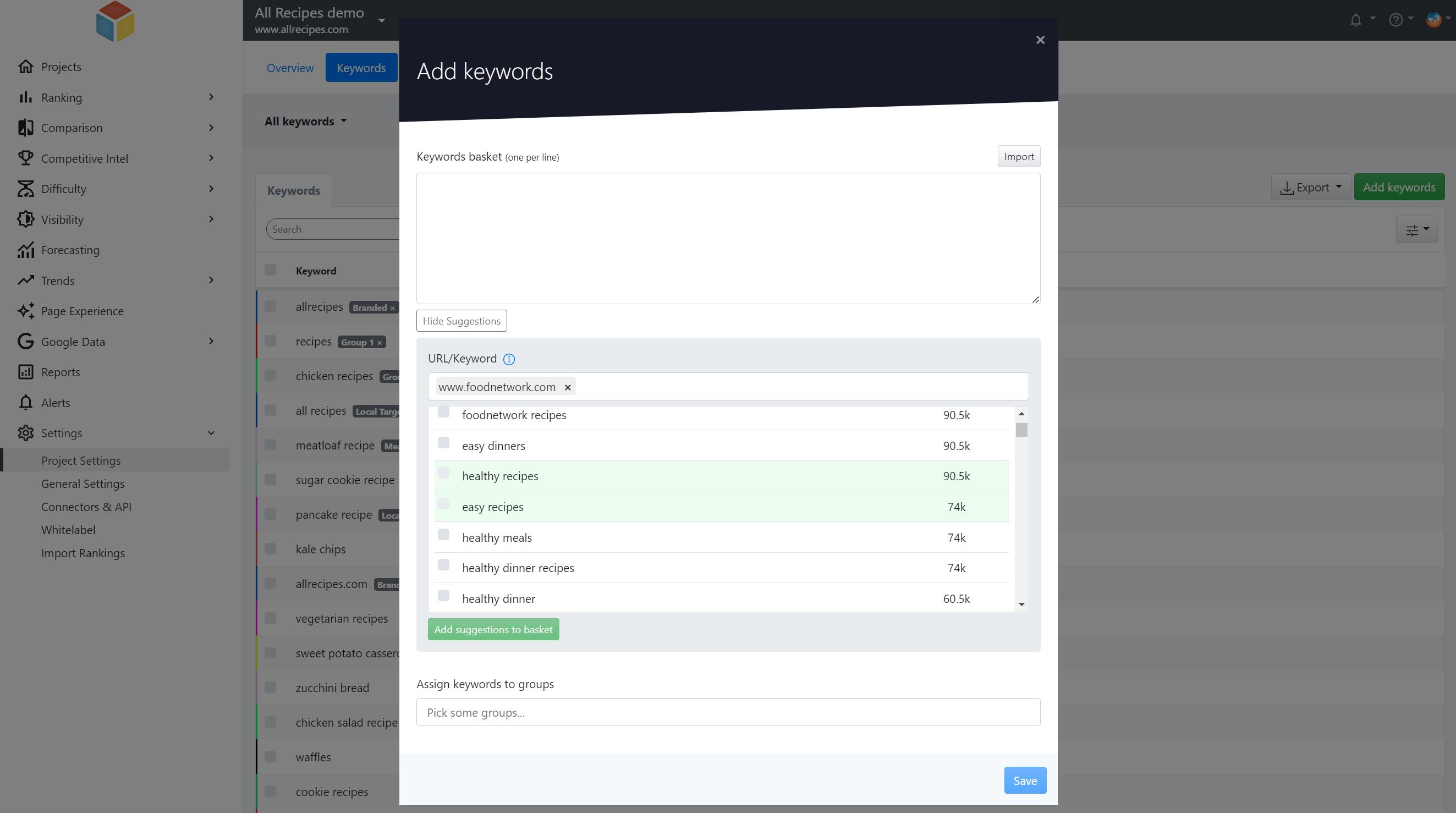 고급 웹 순위, 키워드 보기 추가