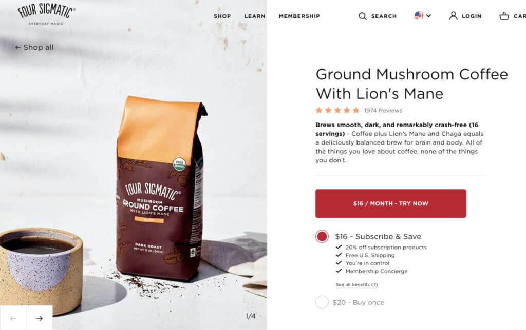 Strona produktu Four Sigmatic z unikalnymi atrybutami produktu