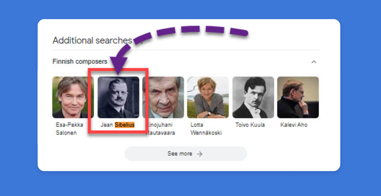Leif Segerstam과 Jean Sibelius 간의 엔티티 연결을 보여주는 SERP 기능