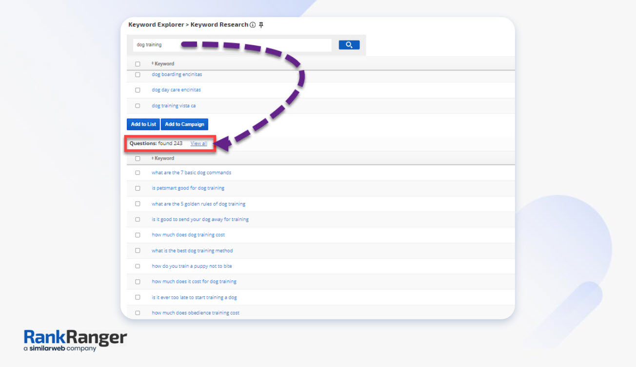 Rank Ranger 키워드 연구 질문 필터