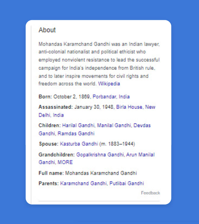 정보 섹션을 보여주는 간디 지식 패널