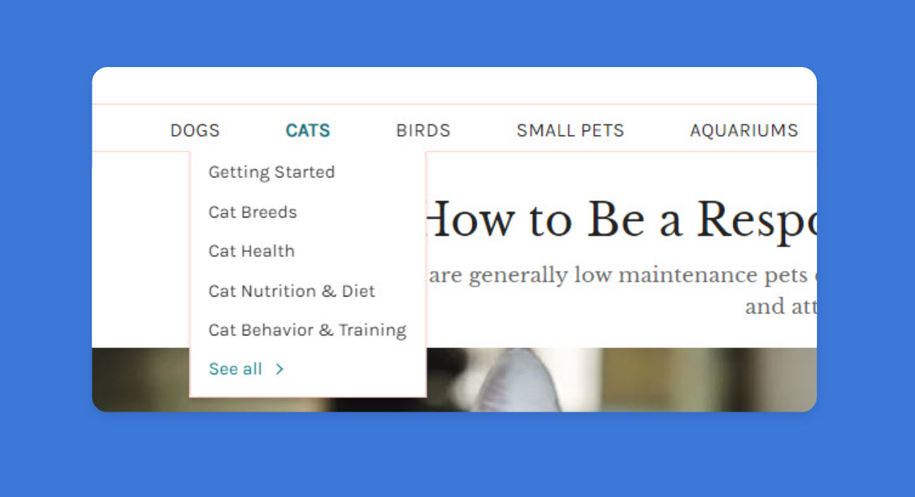 Spruce 애완동물 웹사이트의 2단계 메뉴