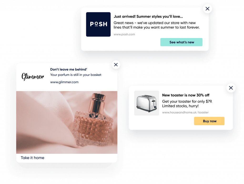 Dynamische Inhalte (z. B. zuletzt gekauftes Produkt, gesuchter Produktname, Produktname und mehr), um Ihre Push-Benachrichtigung zu personalisieren und für den Kunden aussagekräftiger zu machen