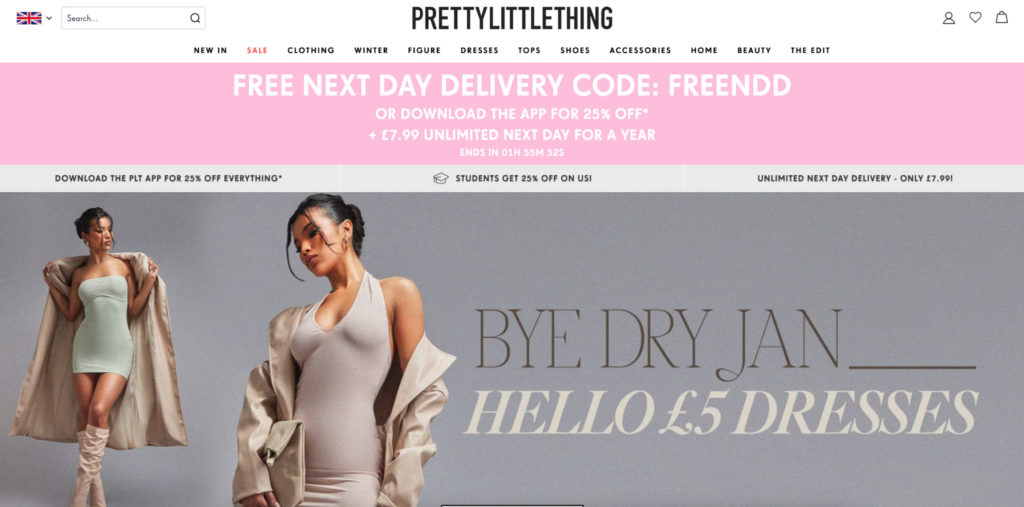 Screenshot der Pretty Little Thing-Homepage