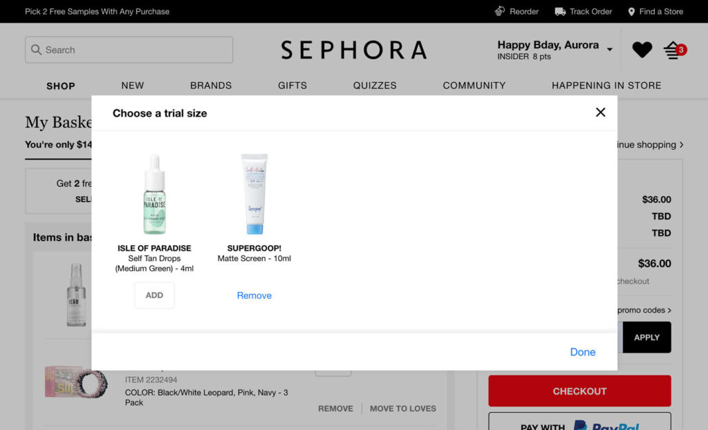 Screenshot des Fensters Sephora Testprodukt auswählen