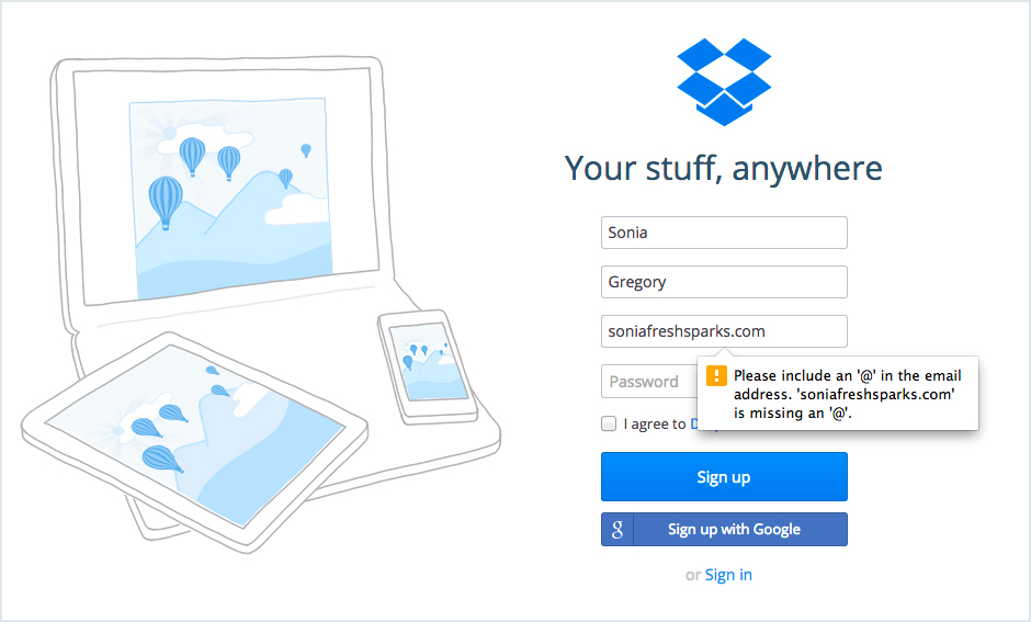 Screenshot des Dropbox-Anmeldebildschirms