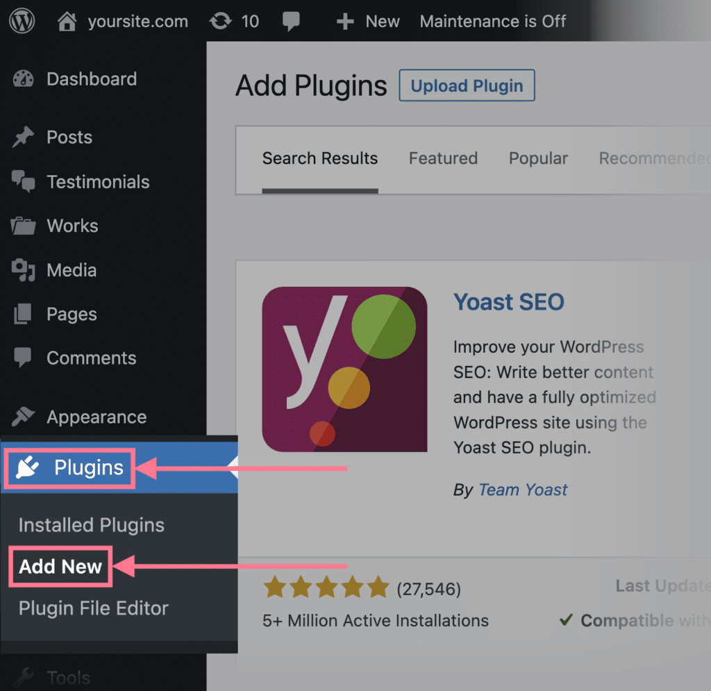 Screenshot dell'installazione di Yoast SEO su WordPress