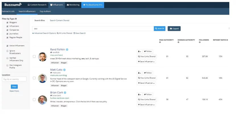Gunakan alat seperti Buzzsumo untuk menemukan influencer untuk penjangkauan penulisan blog