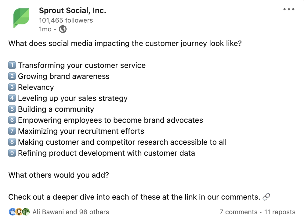 Один из тестовых постов со ссылкой в ​​комментариях, созданный для нашего эксперимента. Этот пост LinkedIn гласит: «Как выглядят социальные сети, влияющие на путь клиента?» а затем перечисляет 9 способов повлиять на путь клиента через социальные сети. Последнее предложение побуждает пользователей глубже погрузиться в ссылку в комментариях.