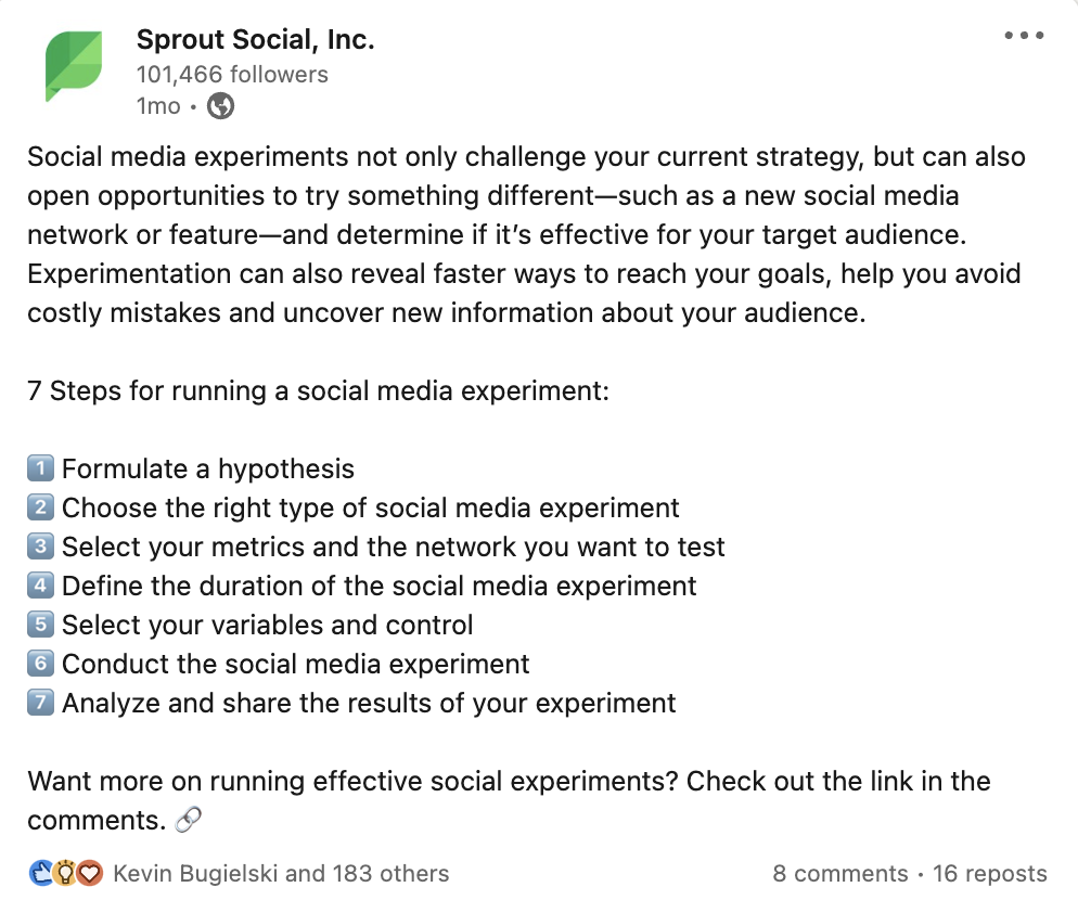 Сообщение LinkedIn со ссылкой в ​​комментариях, предназначенное для этого эксперимента. В первой части этого поста представлена ​​идея экспериментов с социальными сетями, затем перечислены 7 шагов для проведения эксперимента в социальных сетях, прежде чем читателям будет предложено перейти по ссылке в комментариях.