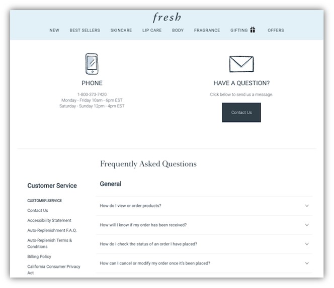 よくある質問ページの例 - 小売業のよくある質問ページのスクリーンショット