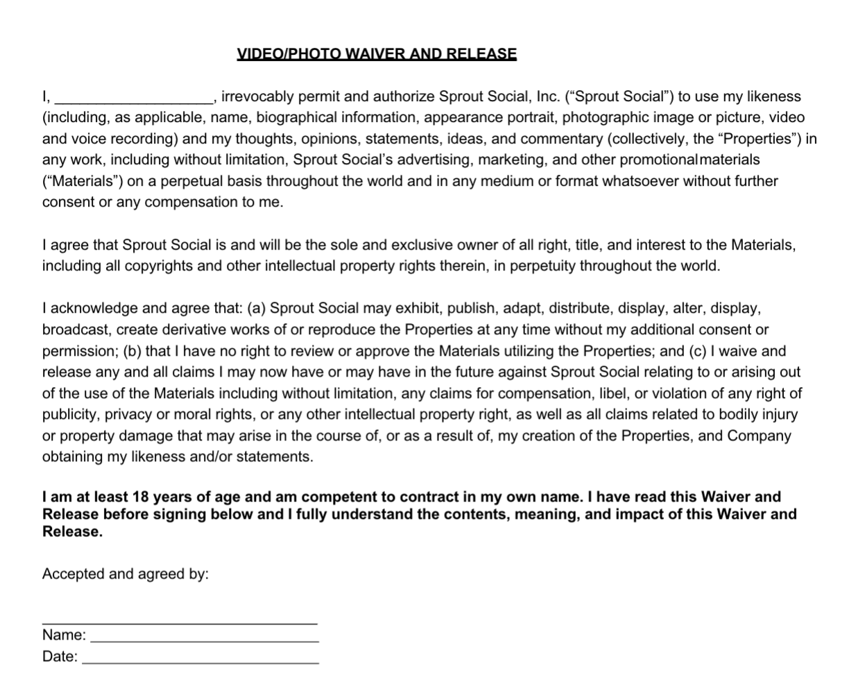 Uno screenshot della rinuncia e del rilascio di video/foto di Sprout.