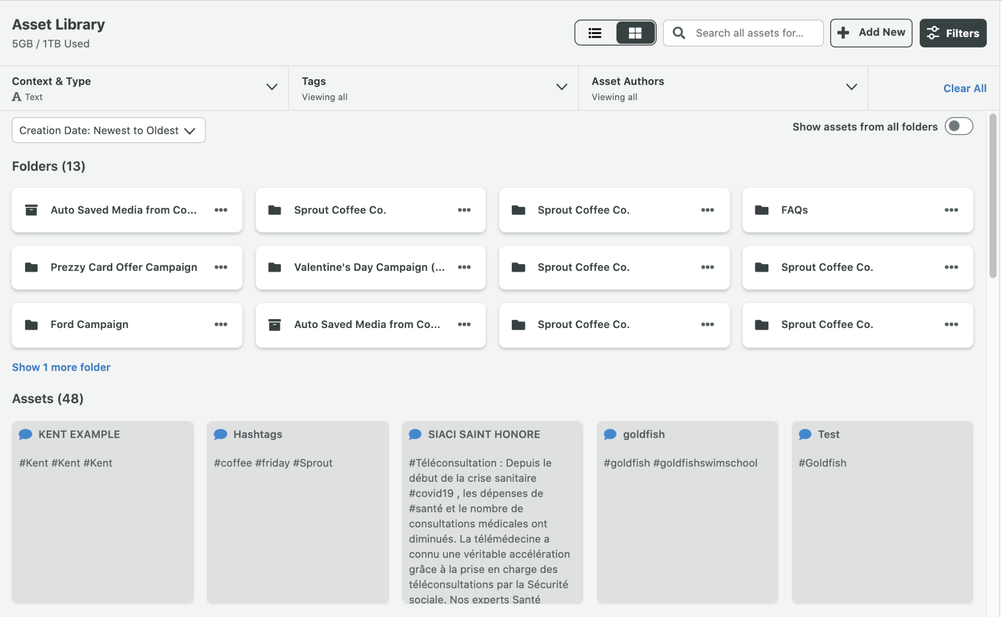 Uno screenshot della libreria di risorse di Sprout Social. All'interno della libreria, puoi vedere tutte le risorse di testo, comprese le risposte ai messaggi.