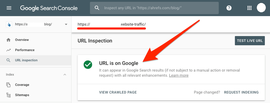 inspection de l'url de la console de recherche google