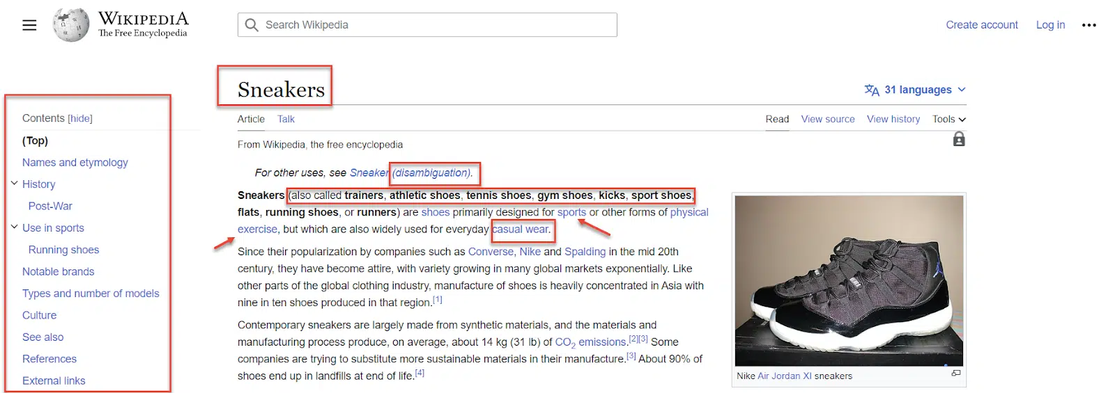 Wikipedia sayfası - Spor ayakkabılar