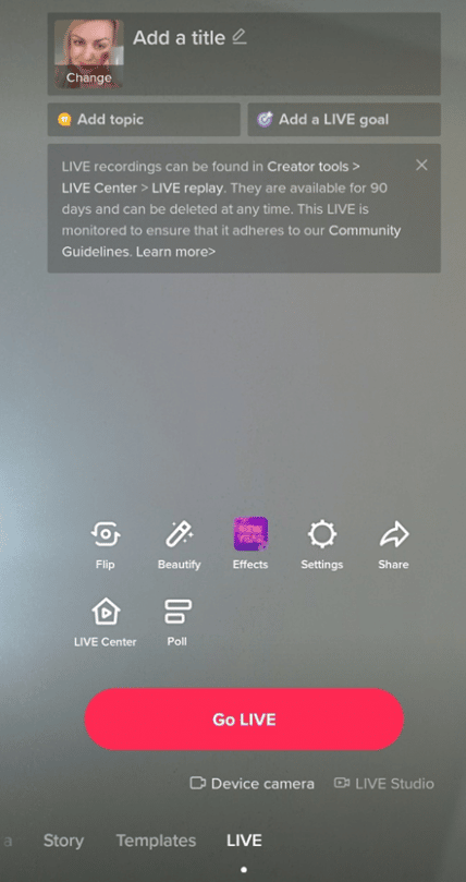 exemple de comment passer en direct sur tiktok depuis agorapulse