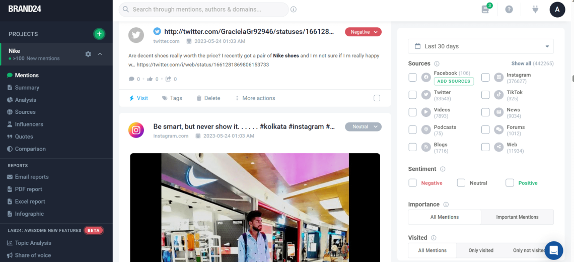 Projeto de monitoramento de mídia Brand24 para a Nike