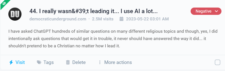 Uma menção negativa do Chat GPT detectada pela Brand24
