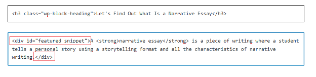 Ejemplo de agregar un elemento <div> con id "fragmento destacado" para ayudar con el SEO de contenido.