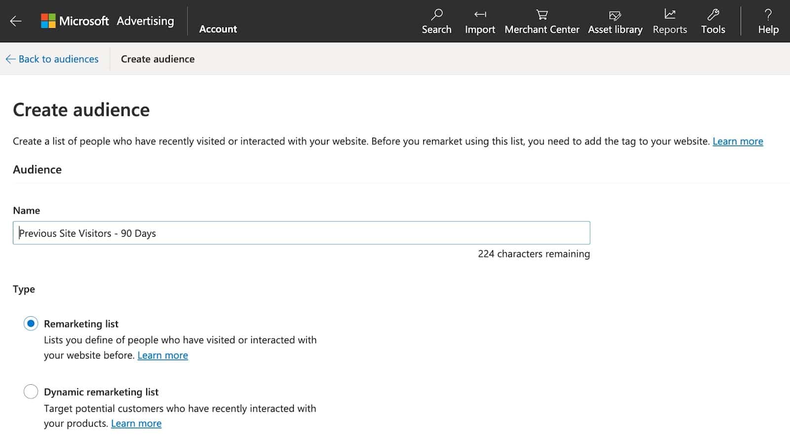 Microsoft Advertising プラットフォームでのリマーケティング リストの作成