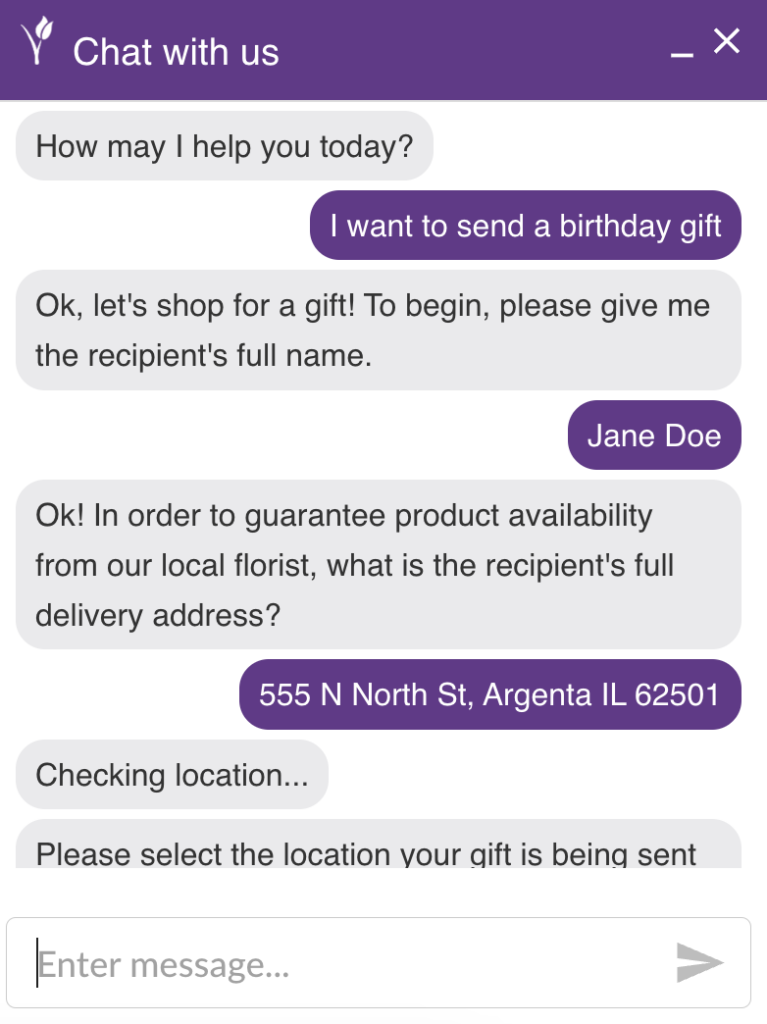 Captură de ecran a chatbot-ului 1-800-Flowers, GWYN, care oferă sugestii personalizate bazate pe diferite interogări