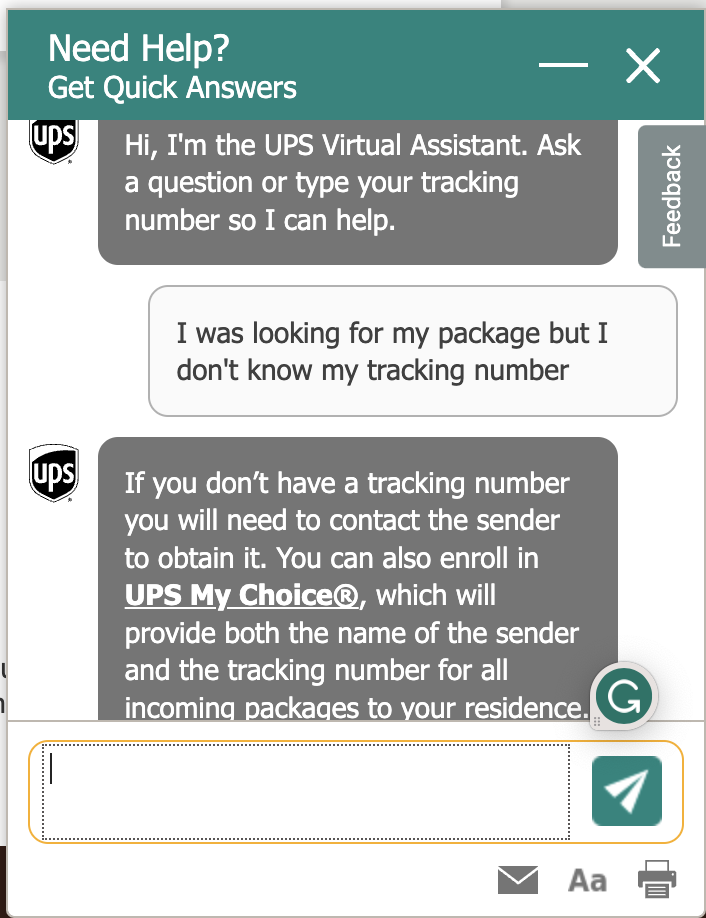 Captură de ecran a agentului virtual UPS care oferă consiliere în context la răspunsurile unui client