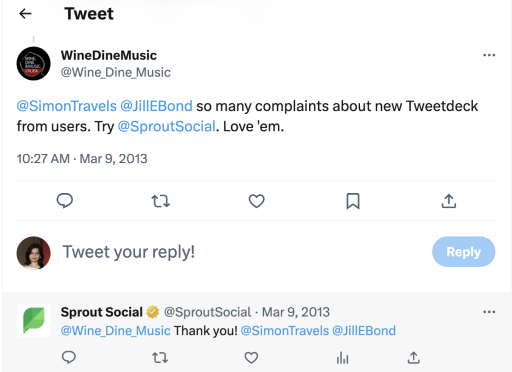 Captură de ecran a unui client care își exprimă încântarea față de serviciul pentru clienți Sprout