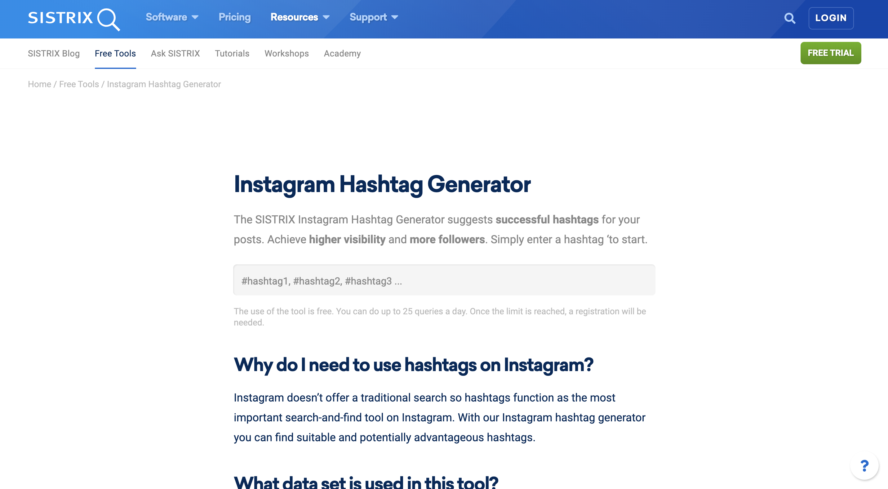 Uno screenshot del sito web Sistrix Instagram Hashtag Generator